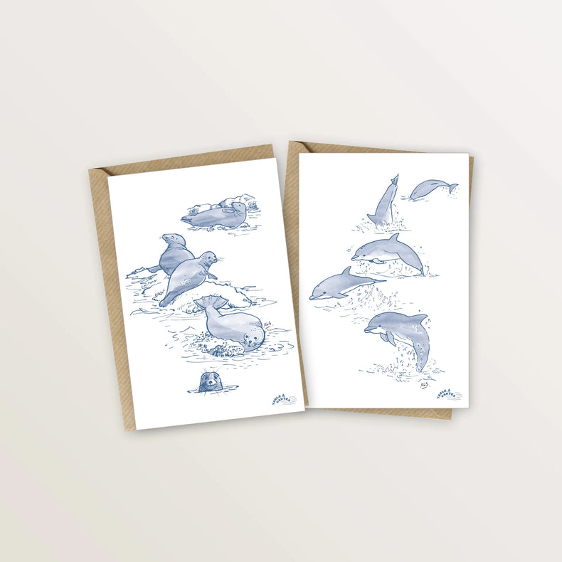 2 cartes postales dauphins et phoques