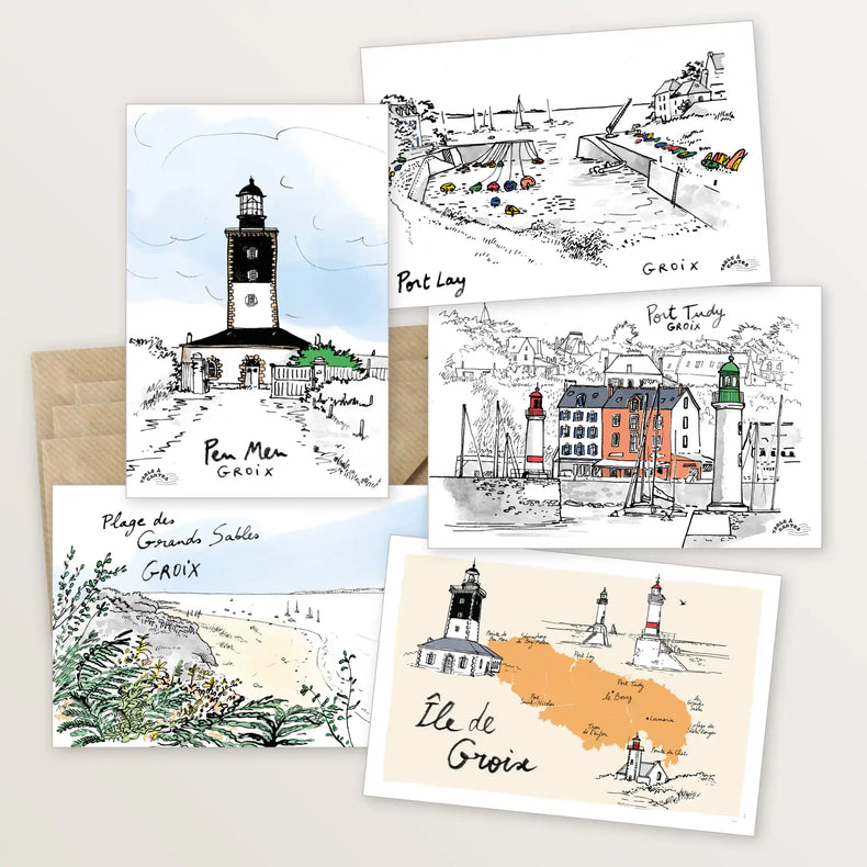 5 cartes postales : virée à Groix