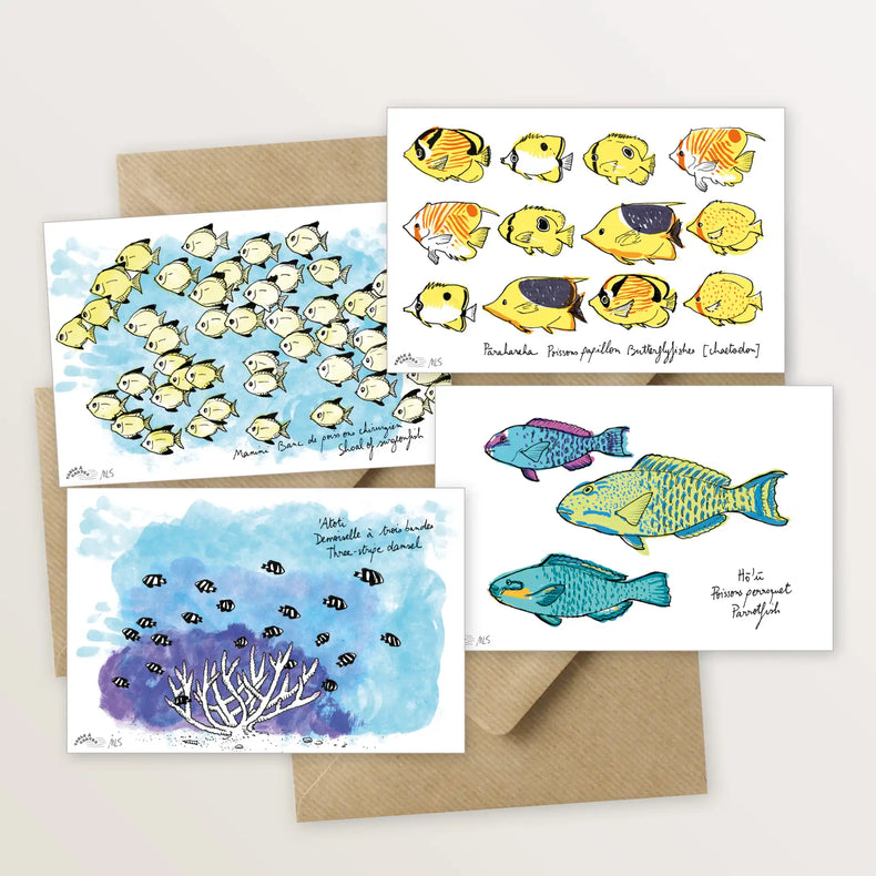 4 cartes postales animées : collection des poissons du lagon
