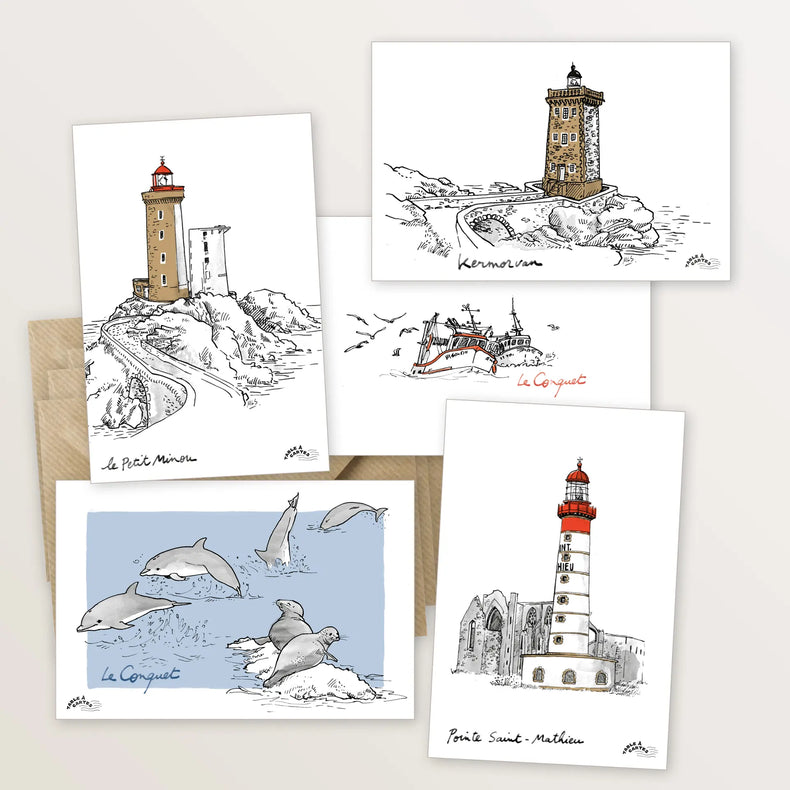 5 cartes postales : à la pointe Finistère