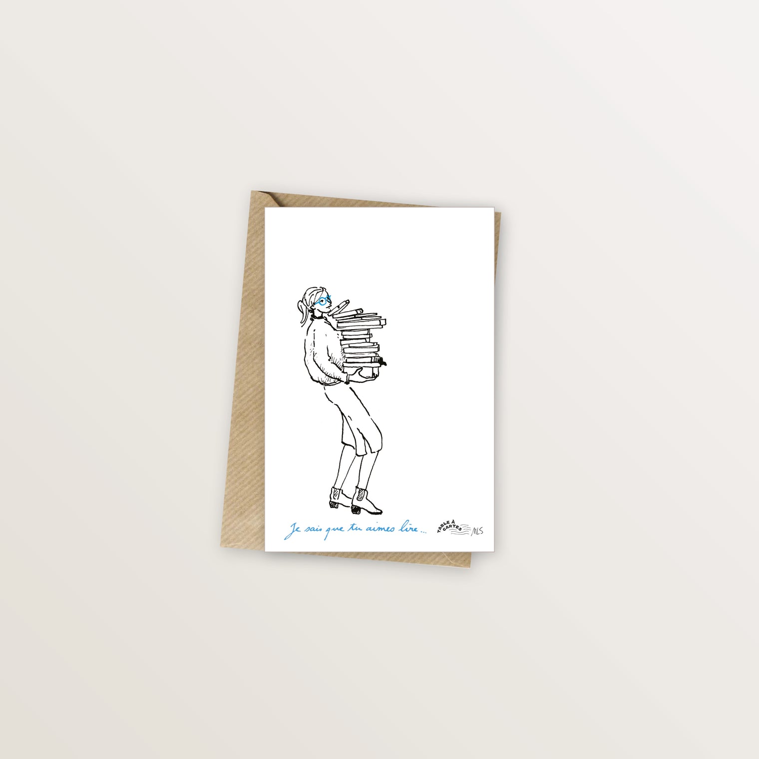 Carte postale bleue - Amour des livres