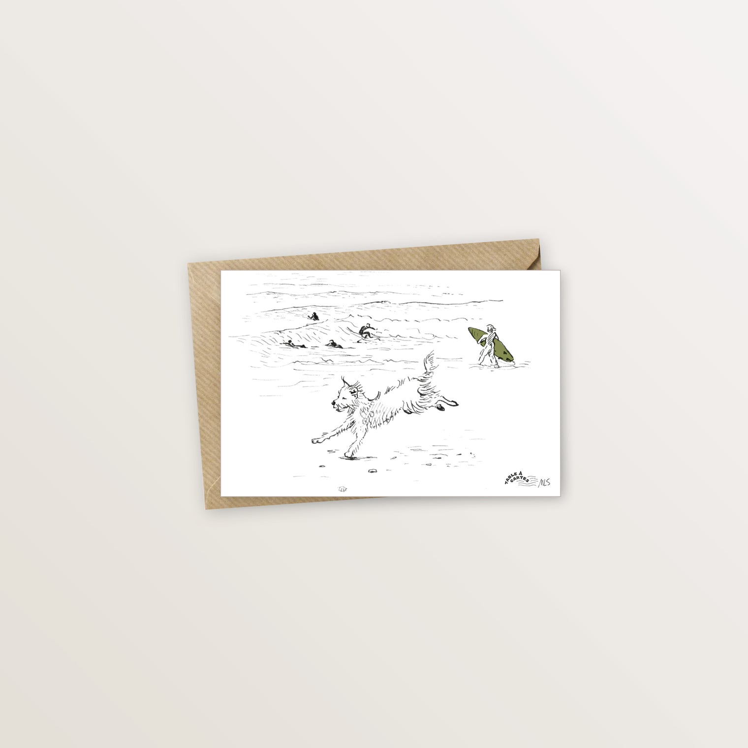 Carte postale plage chien et surf