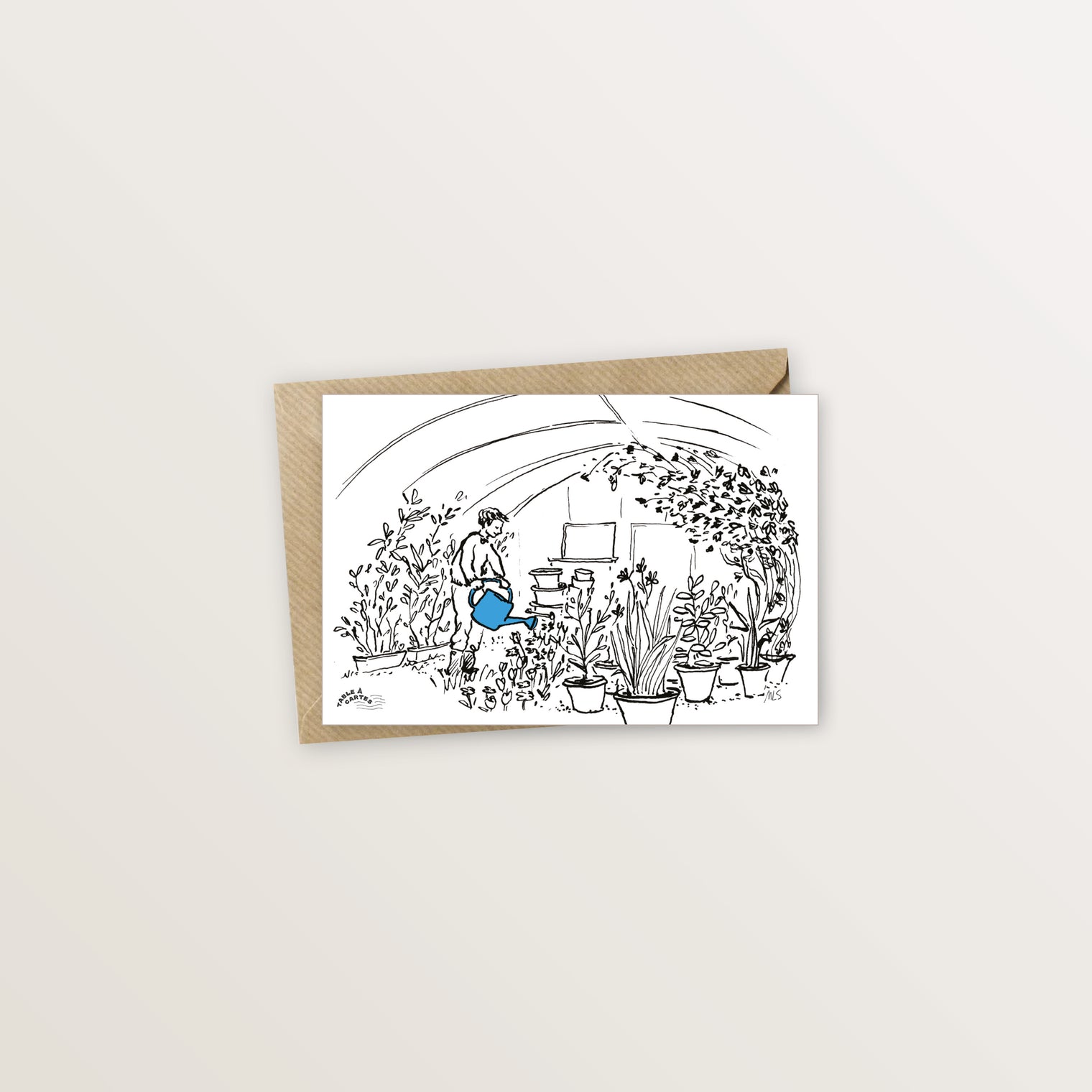 Carte postale bleue - Dans la serre