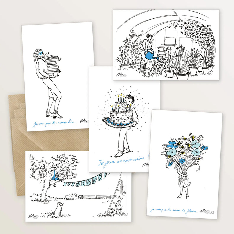 5 cartes postales : Les mots bleus