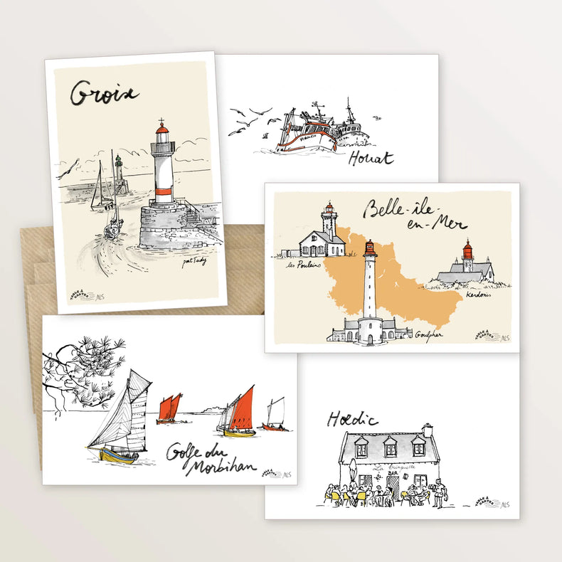 5 cartes postales : croisière dans le Morbihan